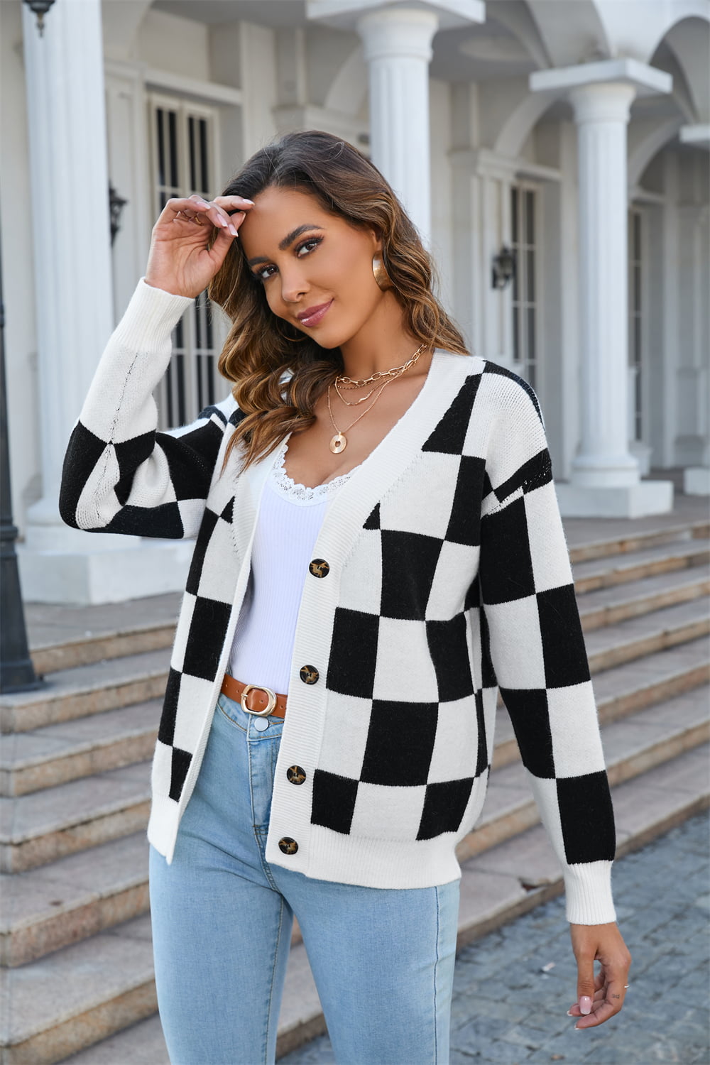 Angel Wings Button-Up V-Neck Dropped Shoulder Cardigan