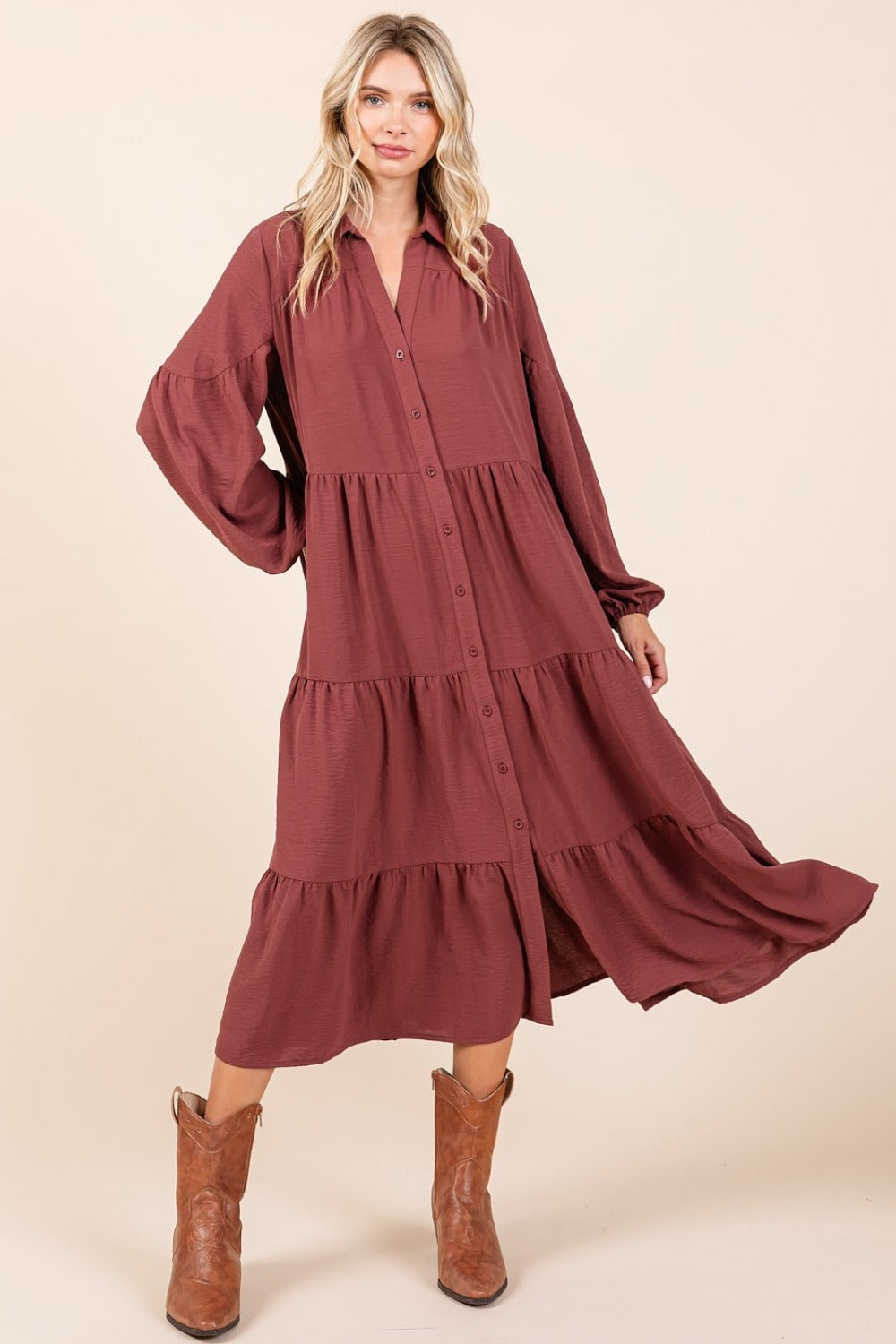 Mittoshop Tiered Button Down Long Sleeve Midi Dress